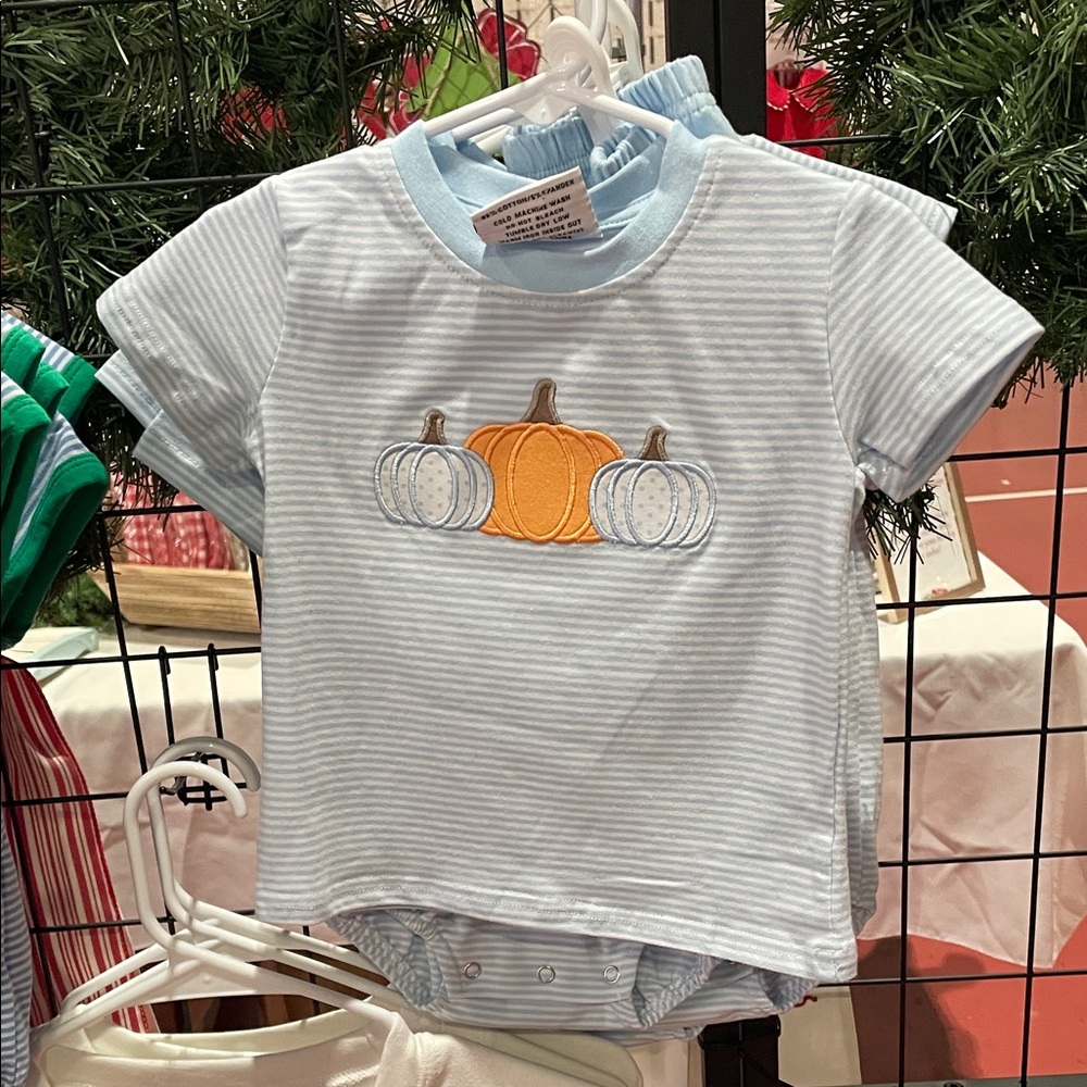 Blue Striped Pumpkin Embroidered Kids Tee